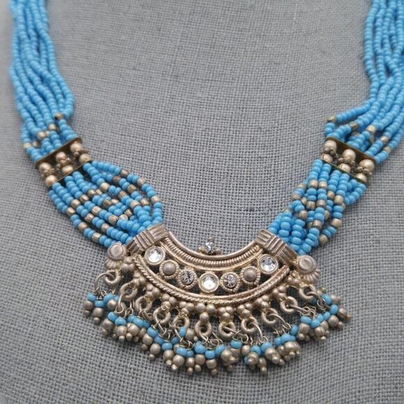 Turquoise Seed Bead Rhinestone Pendant 26" Necklace, Dangle Post Earrings 1 3/4" - Picture 2 of 8